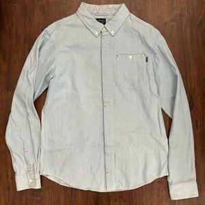 Light Blue Denim Shirt with Red Skull Graphic